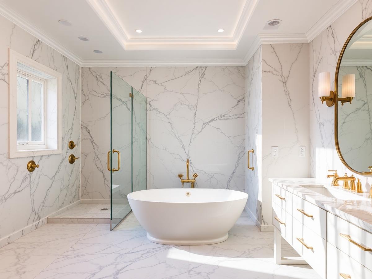 Marble master bathroom with freestanding tub