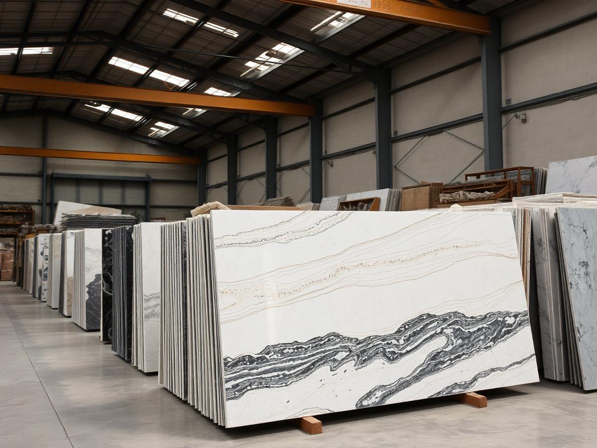 Natural stone slabs in fabrication warehouse